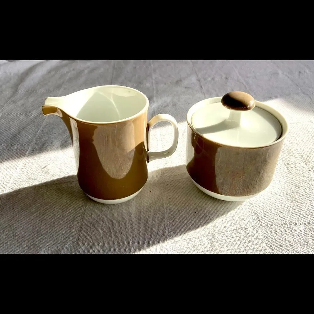 Vintage Sango Brown White Aquarius  CREAMER & SUGAR SET Japan Used On TV Show.